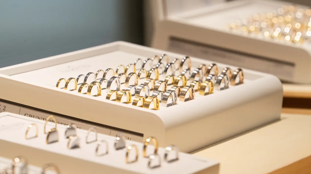 Eheringe in Gelb-, Weiss- und Rotgold, aufgereiht in einer Auslage